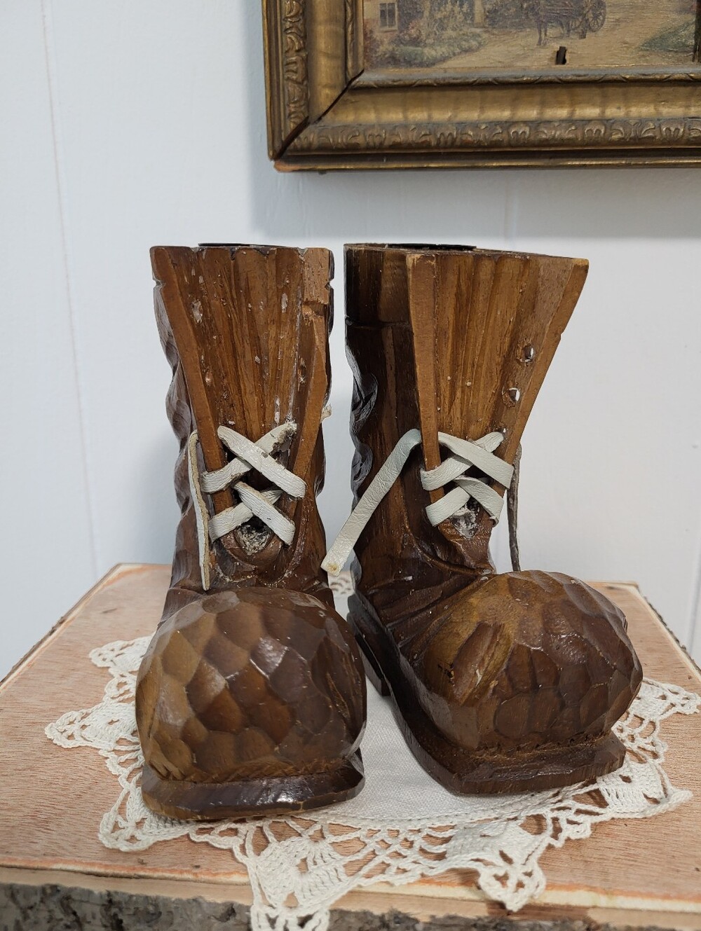 Vintage Pair Of Hand Carved Wood Boot Candle Holders